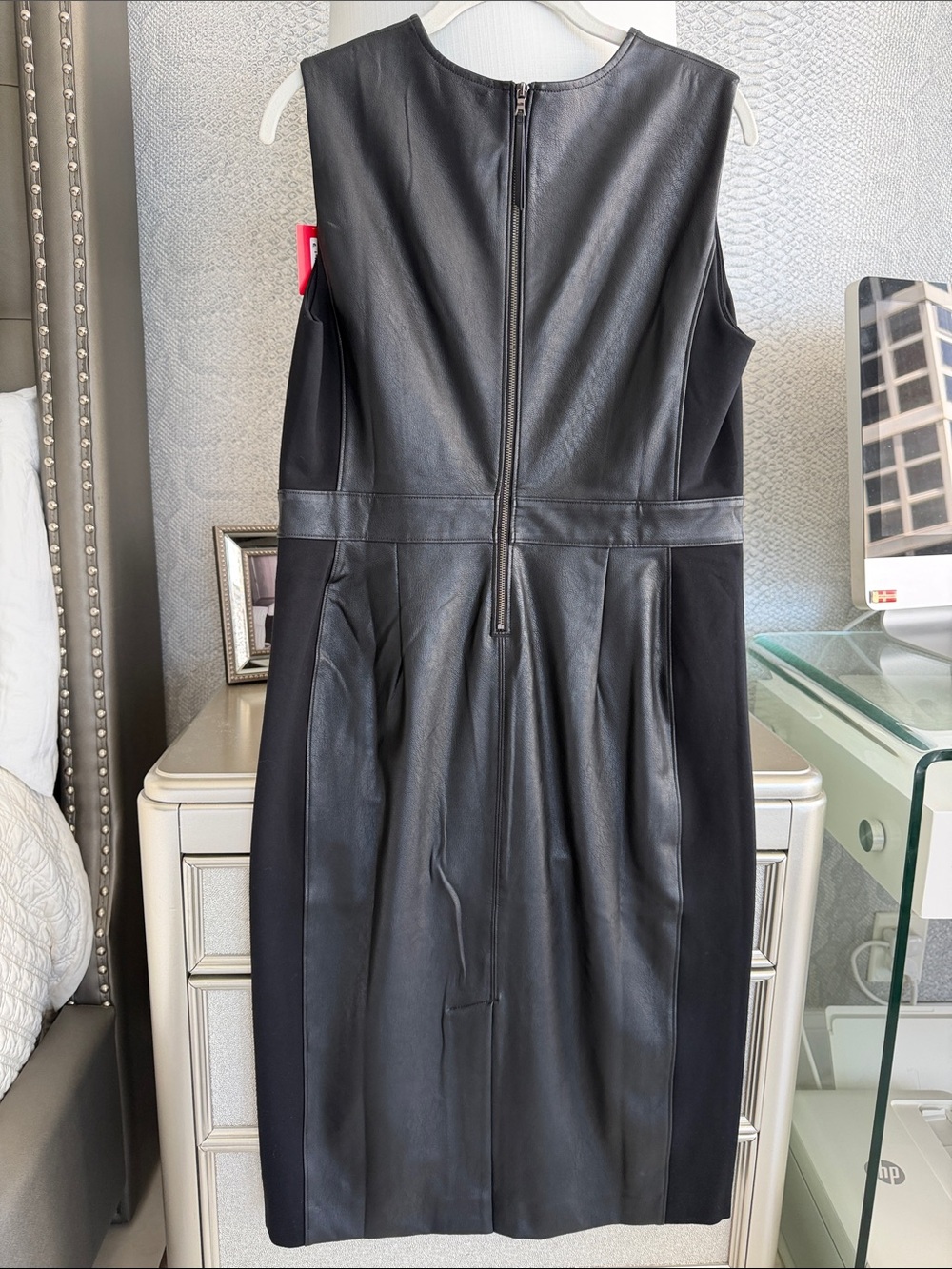 SPANX Black Faux Leather Paneled Midi Sheath Dress NWT Large - Picture 9 of 16